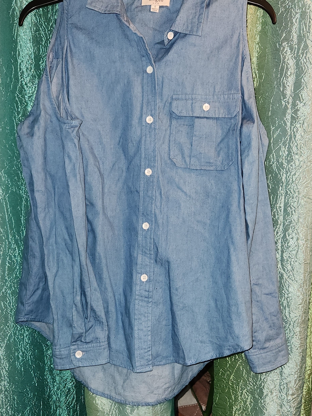 Umgee Light Blue Cold Shoulder Button-Down Chambray Shirt